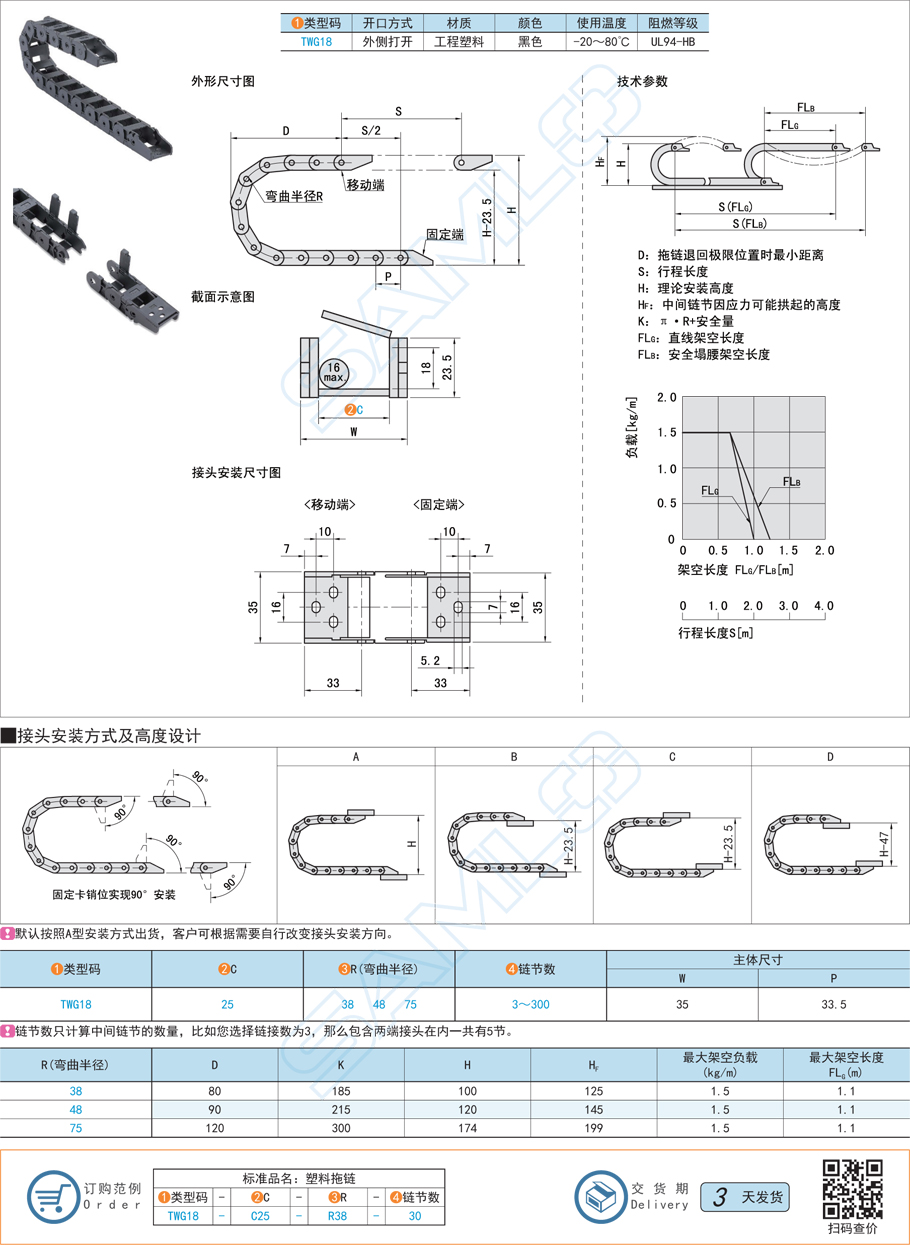 拖鏈-坦克鏈,內高18外側打開型規(guī)格參數尺寸