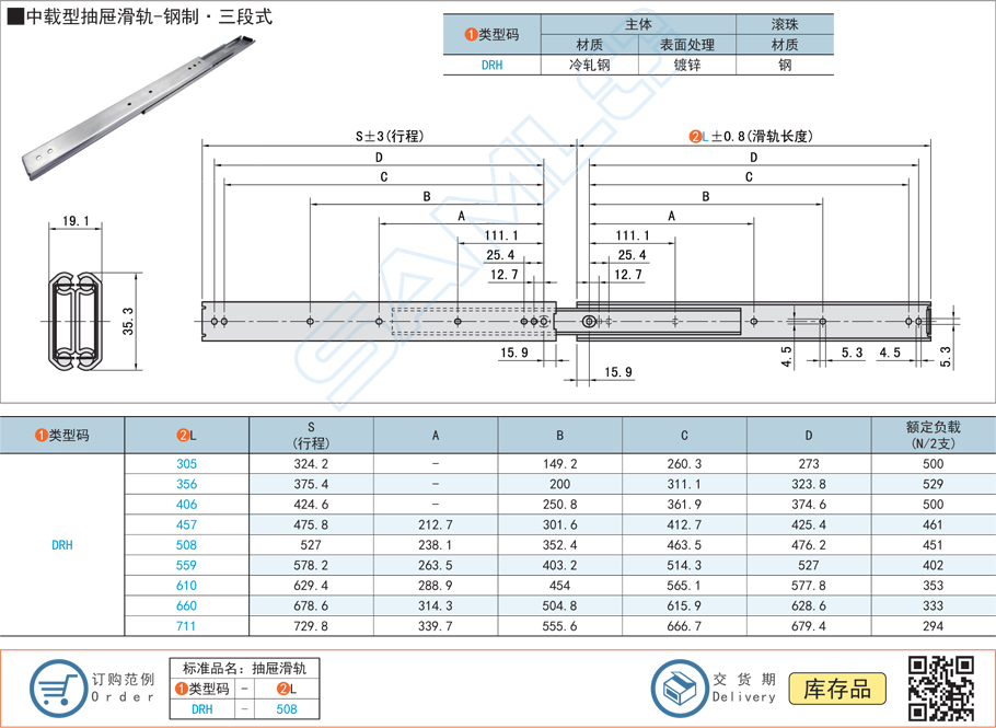 中載型抽屜工業(yè)滑軌-鋼制三段式導軌規(guī)格參數(shù)尺寸材質