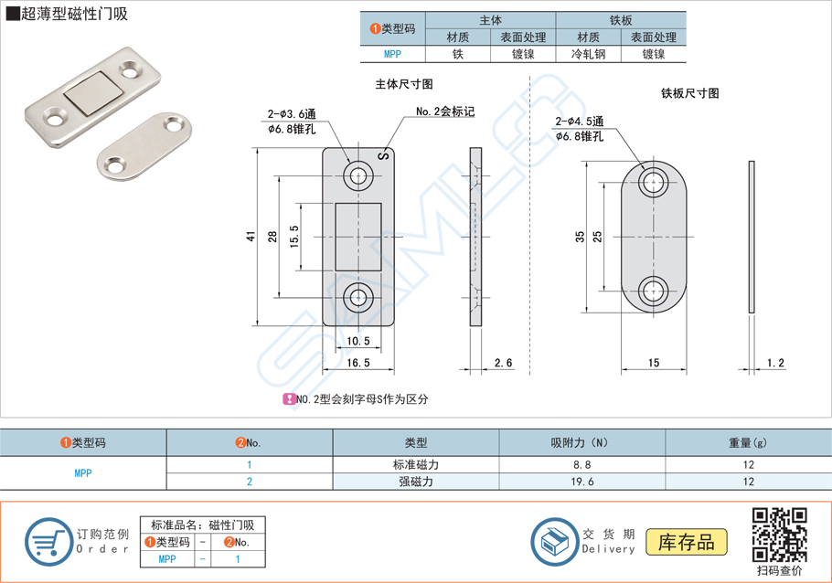 超薄型磁性門吸門碰MPP規(guī)格參數(shù)尺寸材質(zhì)