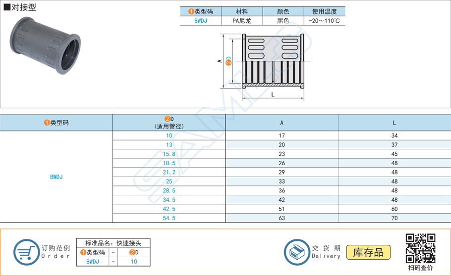 波紋管快速接頭-對接型-PA尼龍黑色規(guī)格參數(shù)